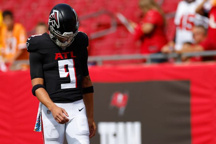 TAMPA, FLORIDA - OCTOBER 22: Desmond Ridder #9 of the Atlanta Falcons looks on before the game against the Tampa Bay Buccaneers at Raymond James Stadium on October 22, 2023 in Tampa, Florida.